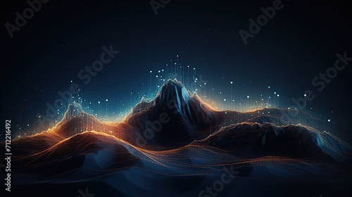 Abstract digital mountains for big data concept with glowing light. Low poly glowing light digital landscape with starry sky and mountains. Generative AI