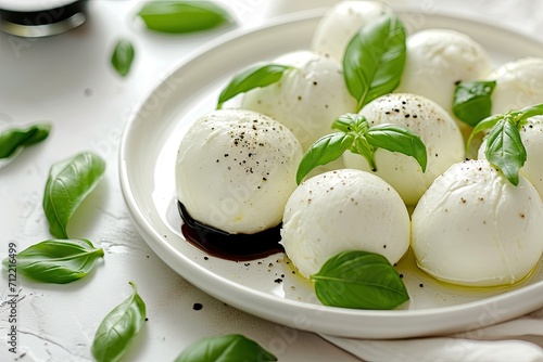 Close up of a cheese collection with mozzarella bufala balls topped with balsamic cream and fresh basil