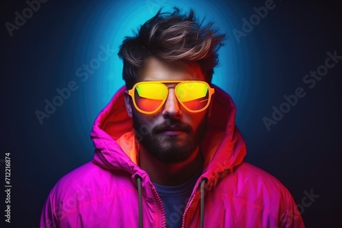 Portrait of a man in neon colors of hot pink jacket and yellow sunglasses © Ari
