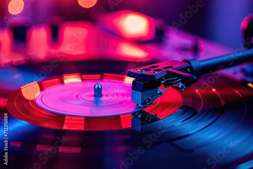 Retro vinyl record player and floating record evoke disco atmosphere creative mood and luxurious aesthetics