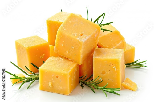White background with cheddar cheese cubes photo