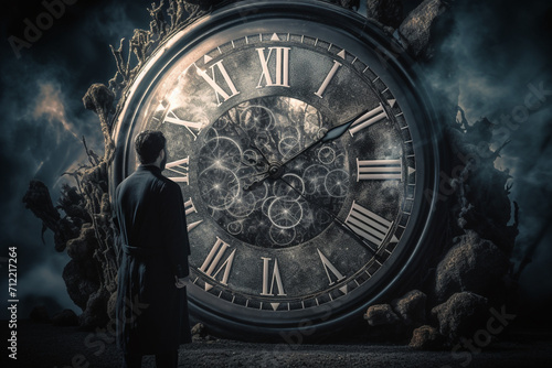 Abstract concept of time passing by. Human silhouette and old clock representing past time. Turn back time concept. Melancholic mood photo