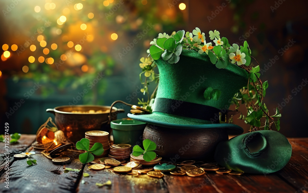 St Patrick's Day celebration still life with a vibrant green leprechaun hat, pot of gold, shamrocks, and golden coins, symbolizing luck and Irish tradition - obrazy, fototapety, plakaty 