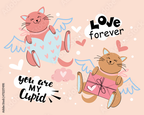 Funny cats are flying with heart and lettering you are my cupid. Valentine's Day card. Vector illustration for kids