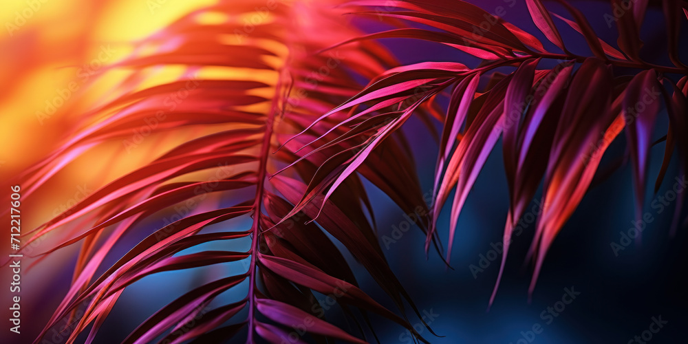 Tropical palm leaves with vibrant red and blue gradient lighting, casting dynamic shadows, evoking a feeling of warm, exotic summer evenings Tropical palm leaves with vibrant red and blue gradient lighting, casting dynamic shadows, evoking a feeling of warm, exotic summer evenings