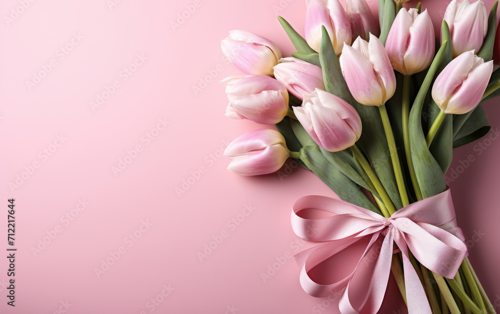 Elegant soft pink tulips with white ribbon on pastel pink background, a delicate presentation for spring celebrations or as a gentle gift