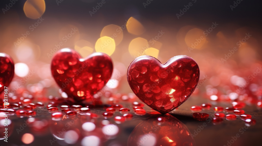 Romantic sparkling red hearts on a glittering background, conveying love, affection, Valentine's Day celebration, and intimate, heartfelt moments