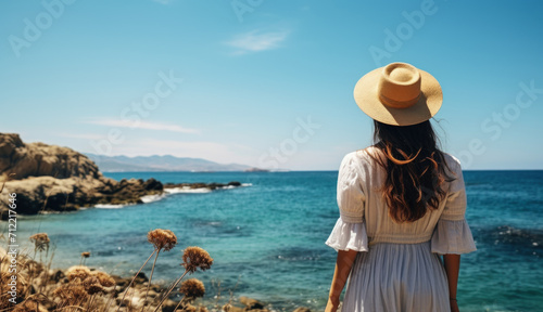 Back view of a Woman in white dress and straw hat standing on a rocky shore, gazing at the tranquil blue sea on a sunny day, embodying summer tranquility and travel escape © Bartek