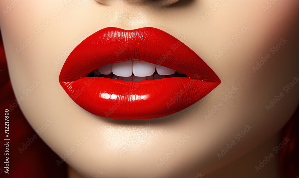 Close-up of perfectly shaped full lips painted with vibrant red lipstick, symbolizing glamour, beauty, makeup artistry, and feminine allure Close-up of perfectly shaped full lips painted with vibrant red lipstick, symbolizing glamour, beauty, makeup artistry, and feminine allure