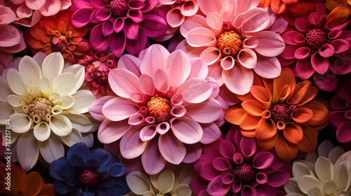A vibrant tapestry of full-bloom dahlia flowers, their radiant petals showcasing nature's palette in a dazzling array of pinks and oranges © Bartek