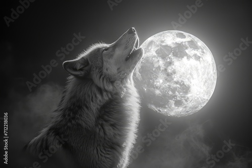 A black and white photo of a wolf howling at the moon  emphasizing its haunting beauty