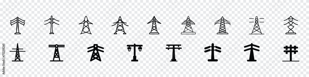 Electric pole icon, High voltage electricity distribution grid pylons. High electric cable tower icon, electricity icons, Lattice tower power line icons, Telephone Poles Icon, electricity icon post - obrazy, fototapety, plakaty 