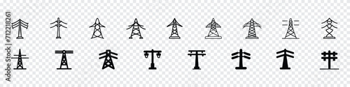 Electric pole icon, High voltage electricity distribution grid pylons. High electric cable tower icon, electricity icons, Lattice tower power line icons, Telephone Poles Icon, electricity icon post photo