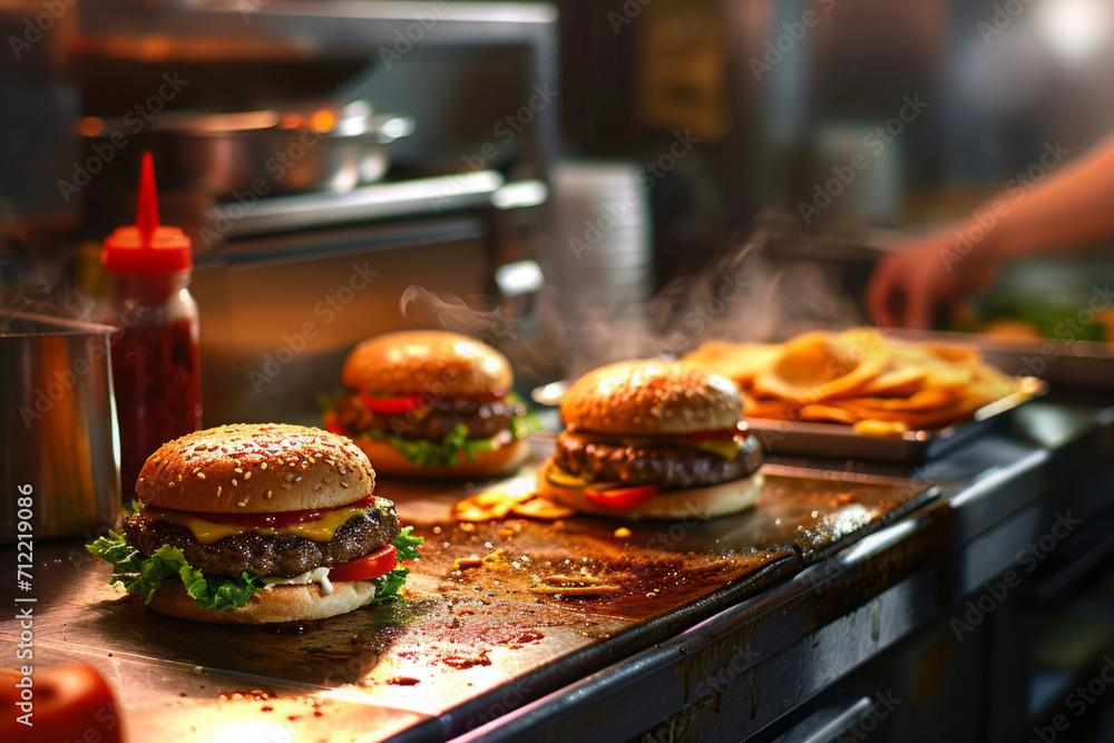 Process of cooking an order in kitchen of fast food restaurant. Chef prepares meat cutlet burgers. Take away food - obrazy, fototapety, plakaty 