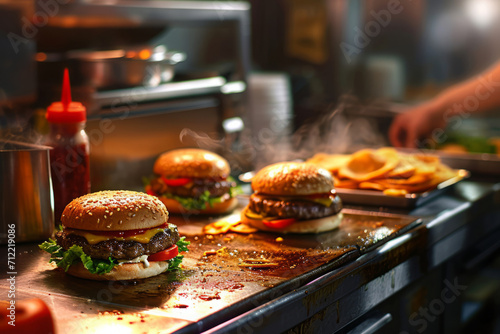 Process of cooking an order in kitchen of fast food restaurant. Chef prepares meat cutlet burgers. Take away food photo
