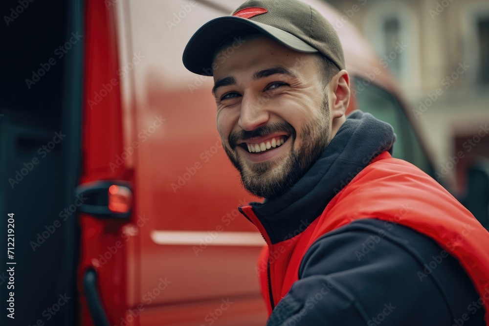 Delivery courier service. Delivery man in cap and uniform holding a cardboard box near a van truck delivering to customer home. Smiling man postal delivery man delivering a package Ai generated Delivery courier service. Delivery man in cap and uniform holding a cardboard box near a van truck delivering to customer home. Smiling man postal delivery man delivering a package Ai generated