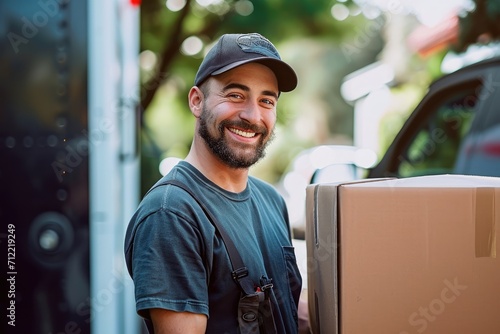 Delivery courier service. Delivery man in cap and uniform holding a cardboard box near a van truck delivering to customer home. Smiling man postal delivery man delivering a package Ai generated photo