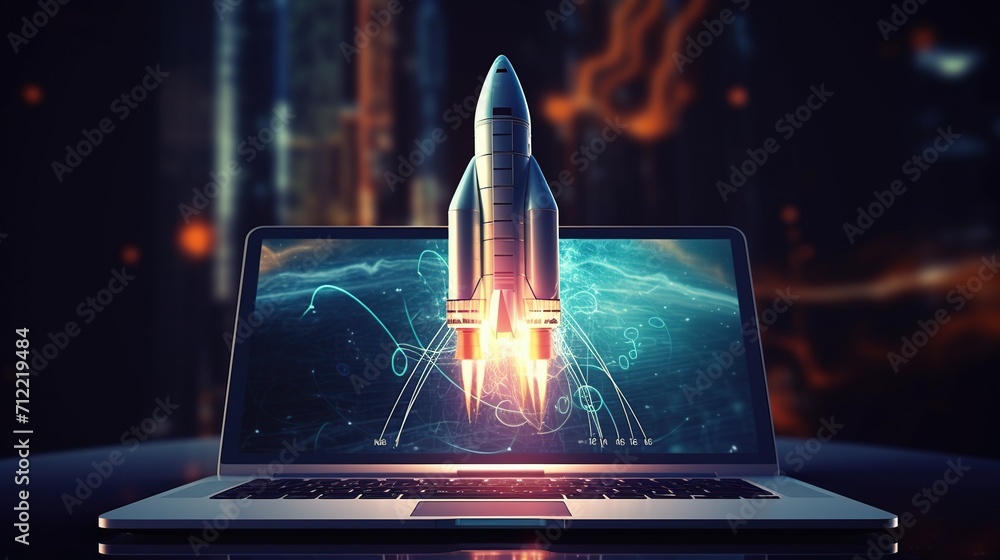 Futuristic rocket takes off from computer or laptop screen for startup and business growth concept. - obrazy, fototapety, plakaty 