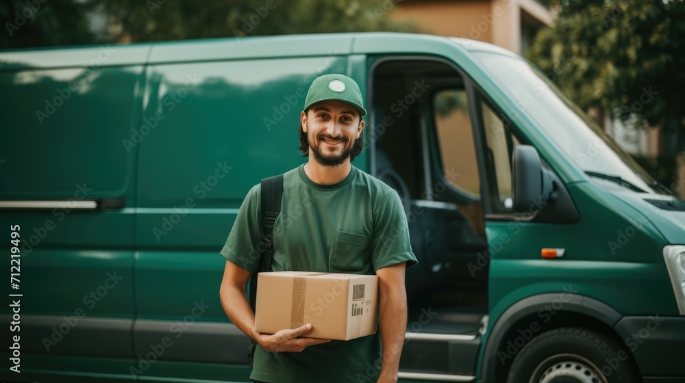 Delivery courier service. Delivery man in cap and uniform holding a cardboard box near a van truck delivering to customer home. Smiling man postal delivery man delivering a package Ai generated Delivery courier service. Delivery man in cap and uniform holding a cardboard box near a van truck delivering to customer home. Smiling man postal delivery man delivering a package Ai generated