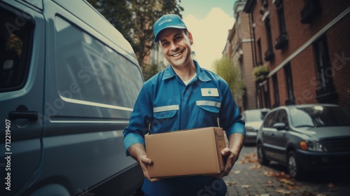 Delivery courier service. Delivery man in cap and uniform holding a cardboard box near a van truck delivering to customer home. Smiling man postal delivery man delivering a package Ai generated