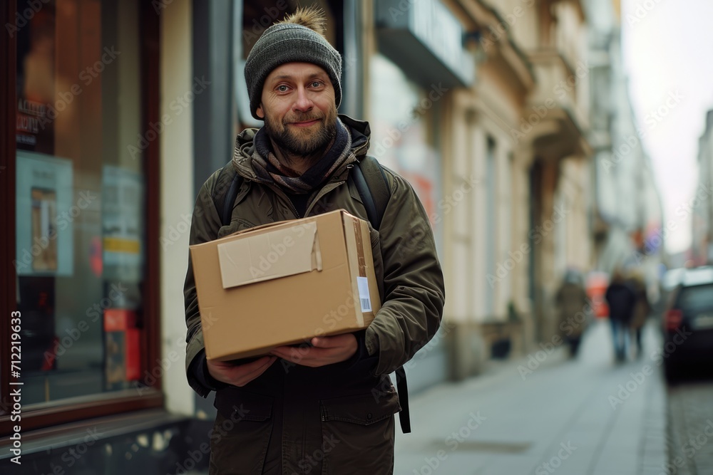 Delivery courier service. Delivery man in cap and uniform holding a cardboard box near a van truck delivering to customer home. Smiling man postal delivery man delivering a package Ai generated Delivery courier service. Delivery man in cap and uniform holding a cardboard box near a van truck delivering to customer home. Smiling man postal delivery man delivering a package Ai generated