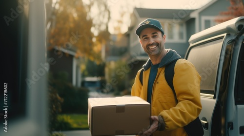 Delivery courier service. Delivery man in cap and uniform holding a cardboard box near a van truck delivering to customer home. Smiling man postal delivery man delivering a package Ai generated