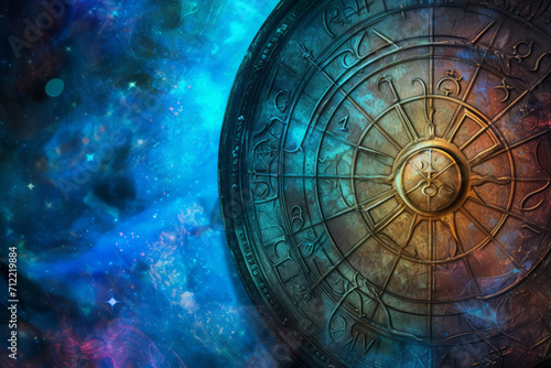 Horoscope circle with zodiac signs on abstract background, Astrology calendar, Esoteric horoscope and fortune telling concept.