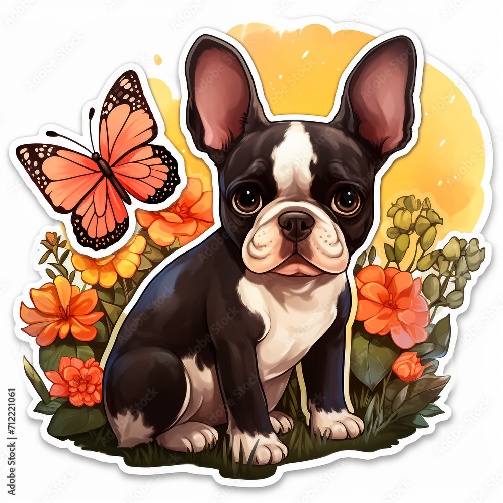 A charming cartoon illustration of a French Bulldog puppy on a white background, designed as a cute sticker that highlights the lovable features and playful character of this delightful canine breed