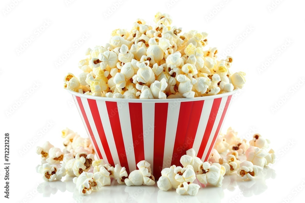Striped bucket with popcorn on white background