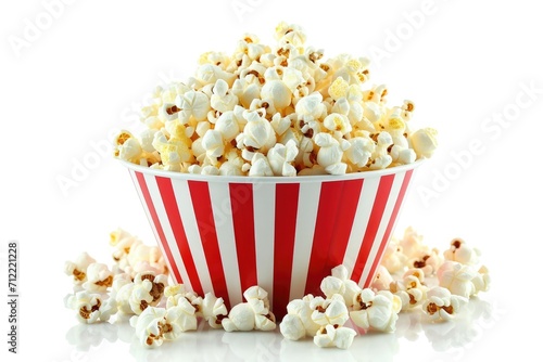 Striped bucket with popcorn on white background