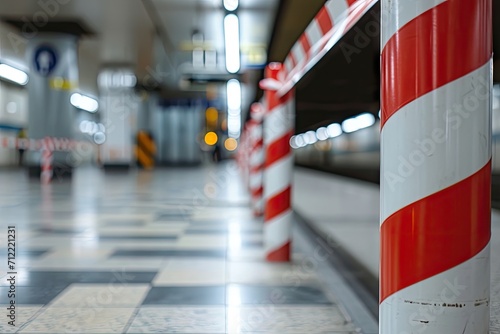 Red and white barrier tape at airport subway station is protective No entry photo