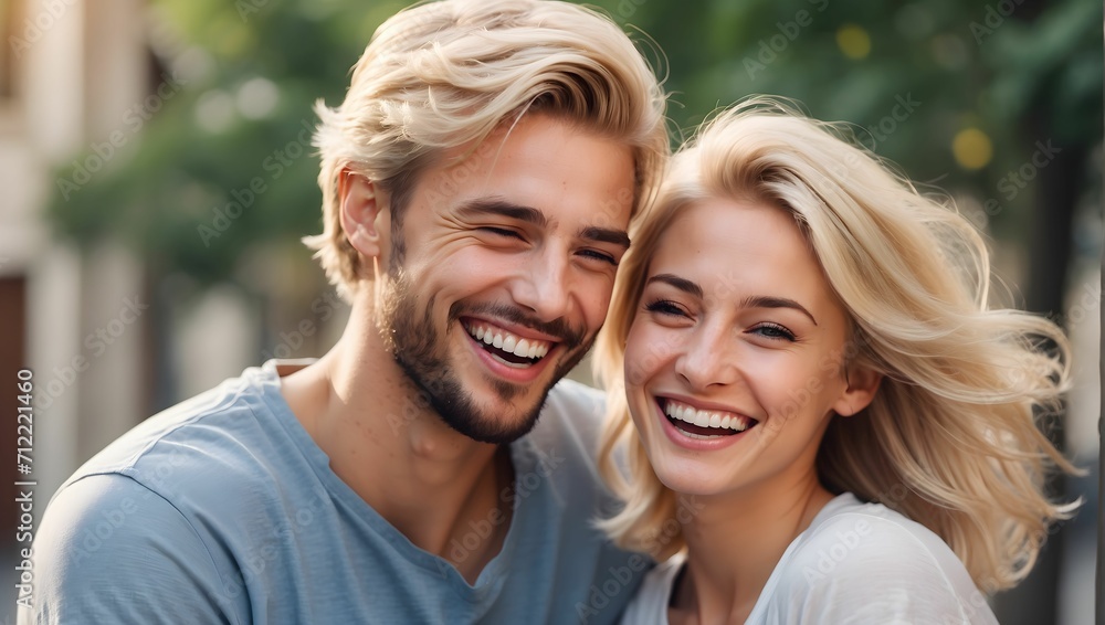 Young couple, blond hair, man with a little beard, realistic, laughter, happiness. generative AI Young couple, blond hair, man with a little beard, realistic, laughter, happiness. generative AI