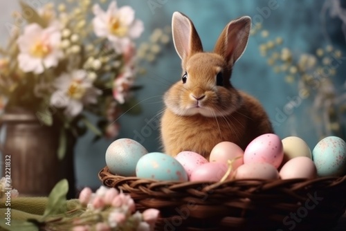 Little Bunny In Basket With Decorated Egg. ai generated