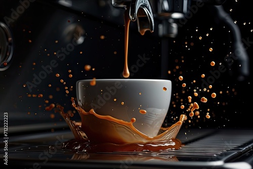Espresso cup filling in coffee machine with black background splash still life photo