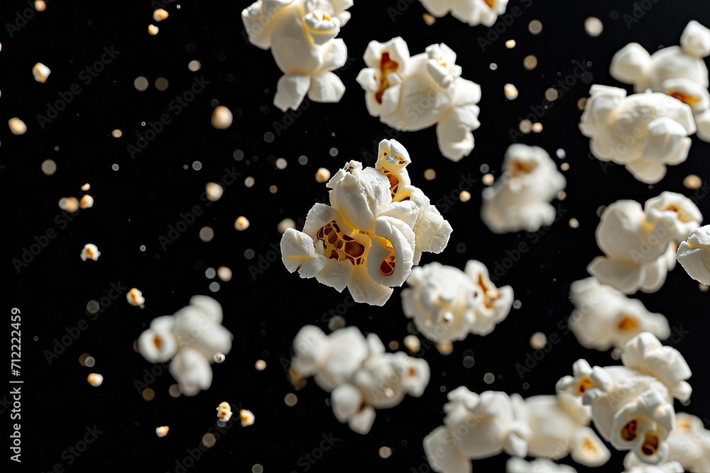 Popcorn flying against black backdrop Popcorn flying against black backdrop