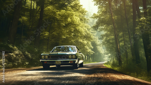 car in the forest. car driving along the road in a summer forest. summer forest.