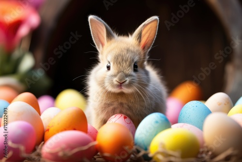 Little Bunny In Basket With Decorated Egg. ai generated