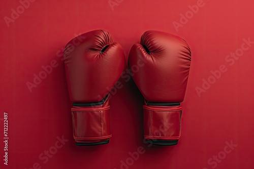 Minimal design of red boxing gloves on a red background Flat lay © LimeSky