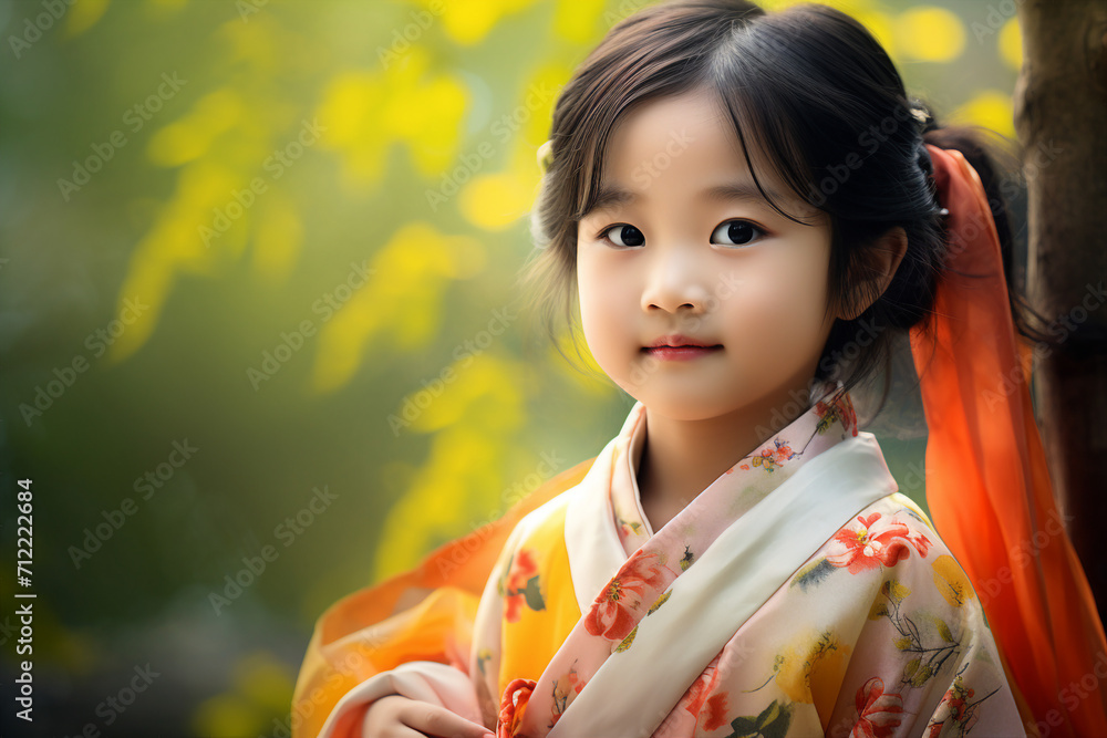 Photo of lovely adorable cute chinese girl wear traditional kimono made with generative AI Photo of lovely adorable cute chinese girl wear traditional kimono made with generative AI