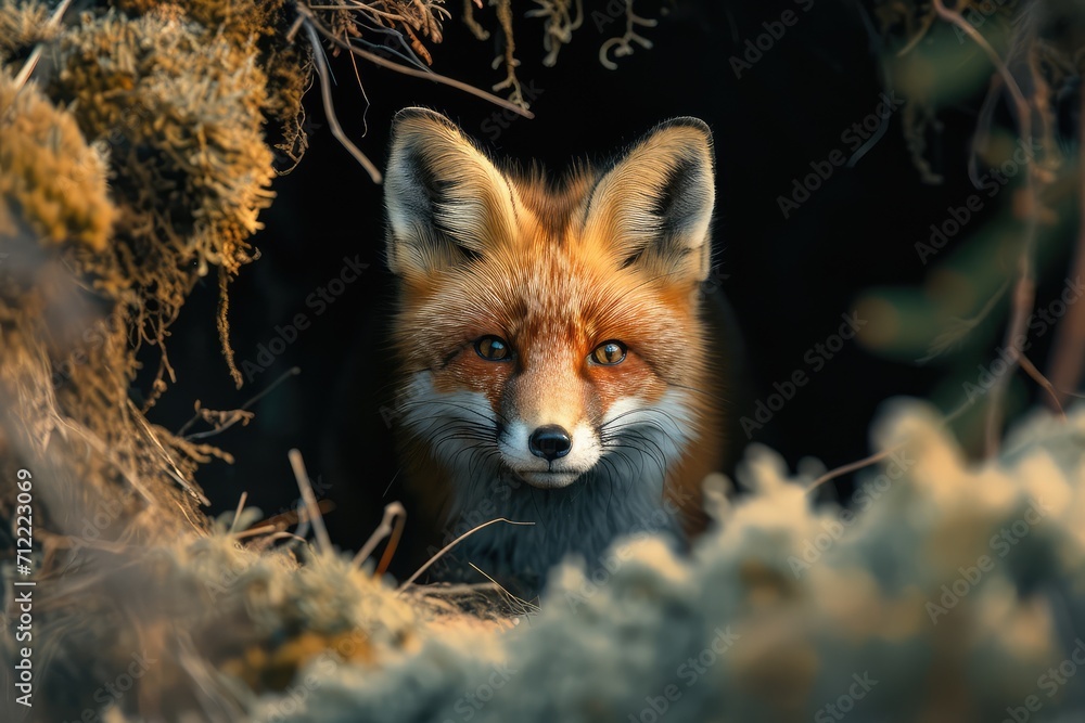 Obraz premium curious fox cub peeking out from its den, sunlight dappling its fur