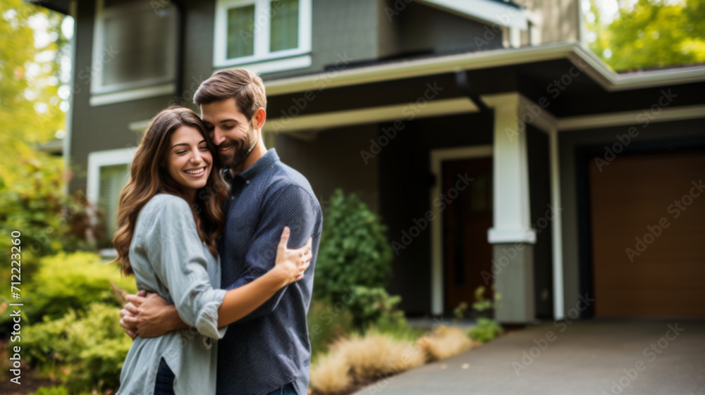 A happy couple stands smiling in the driveway of a new house. A happy couple stands smiling in the driveway of a new house.