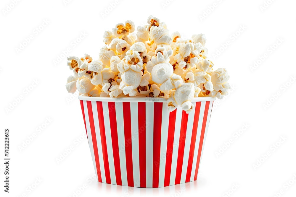 Isolated white background with striped take out bucket holding popcorn Isolated white background with striped take out bucket holding popcorn