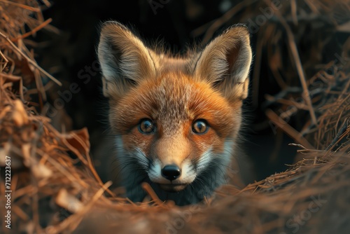 curious fox cub peeking out from its den, sunlight dappling its fur