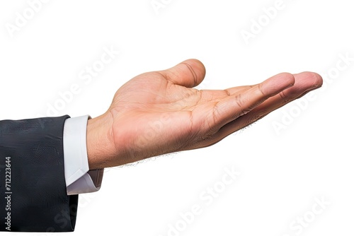 Close up high resolution image of a hand in a suit begging on a white background
