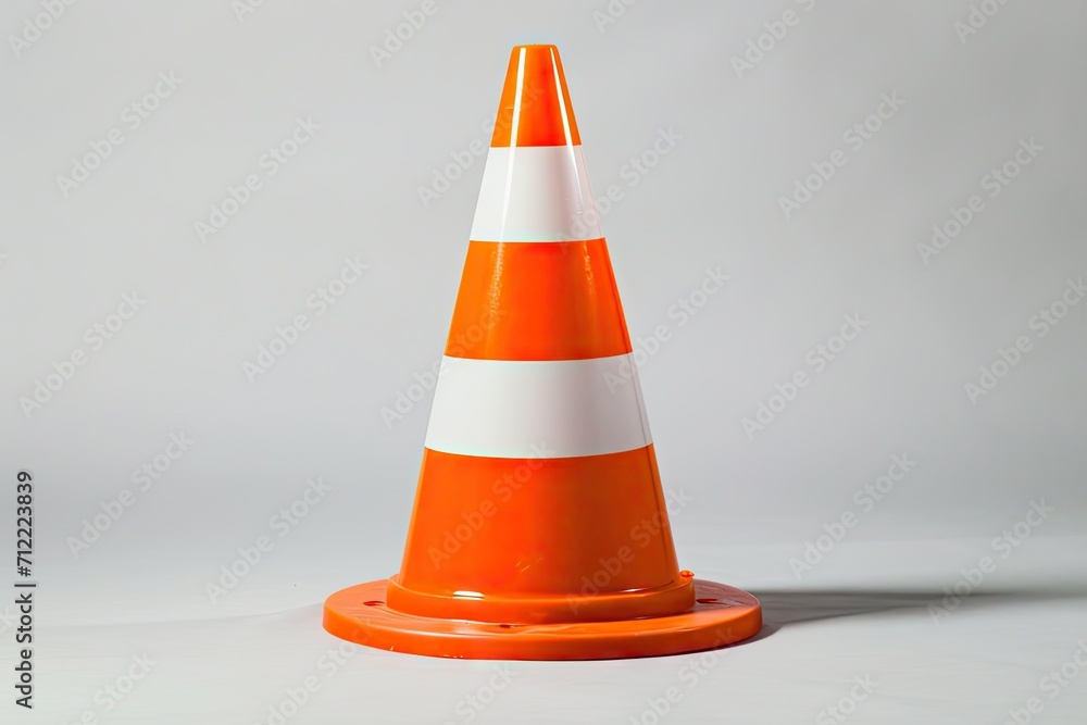 Reflective orange and white traffic cone on white background for safety and hazard awareness Reflective orange and white traffic cone on white background for safety and hazard awareness