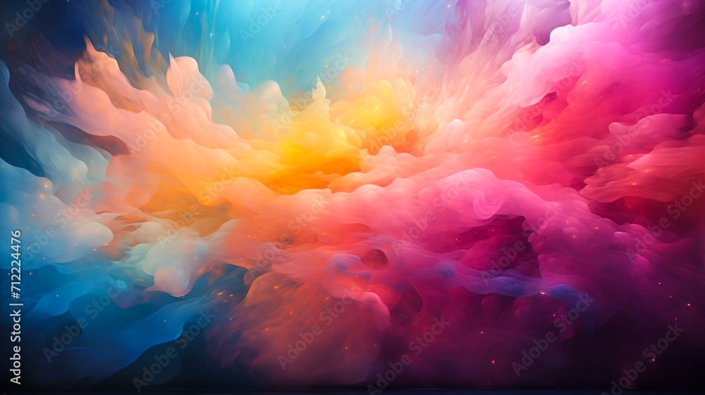 Abstract ethereal wave of colors with sparkling particles, a vibrant fantasy of pink, blue, and orange hues, resembling a dreamy nebula or a magical underwater scene