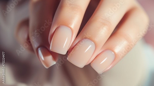 Photo Woman hand with nude shades nail polish on her fingernails