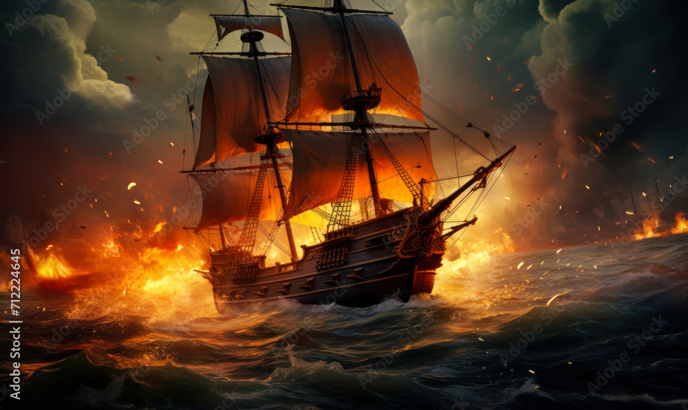 Fototapeta premium Dramatic maritime scene of tall ships engaged in a fierce battle on the high seas, with fiery explosions and turbulent ocean waves
