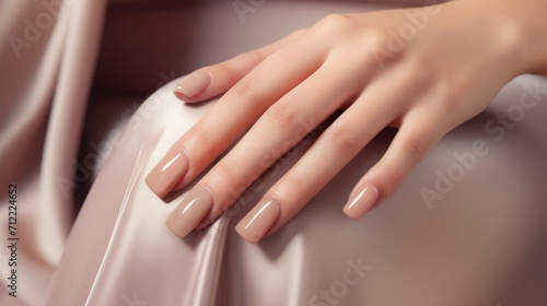 Woman hand with nude shades nail polish on her fingernails. Nude color nail manicure with gel polish at luxury beauty salon. Nail art and design. Female hand model. French manicure Ai generated