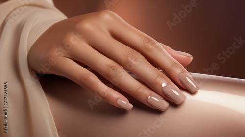 Wallpaper Mural Woman hand with nude shades nail polish on her fingernails. Nude color nail manicure with gel polish at luxury beauty salon. Nail art and design. Female hand model. French manicure Ai generated Torontodigital.ca
